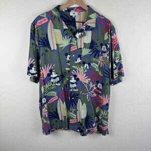 Disney Parks L Shirt Mickey Mouse Tropical Vacation Short Sleeve Button Up Blue